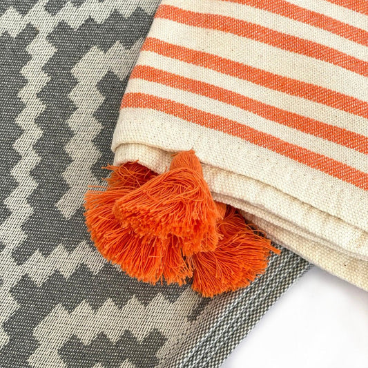 39" X 71" Gray and Orange Cotton Geometric Turkish Towel Throw Blanket with Tassels HomeRoots