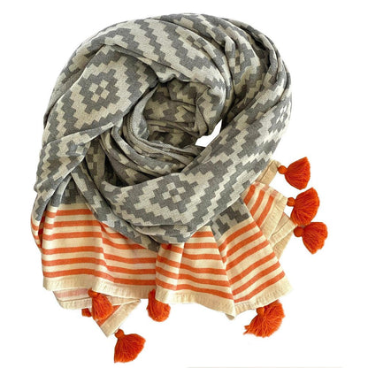 39" X 71" Gray and Orange Cotton Geometric Turkish Towel Throw Blanket with Tassels HomeRoots