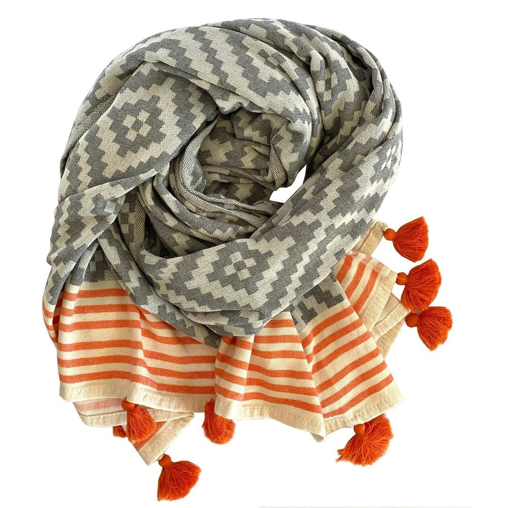 39" X 71" Gray and Orange Cotton Geometric Turkish Towel Throw Blanket with Tassels HomeRoots