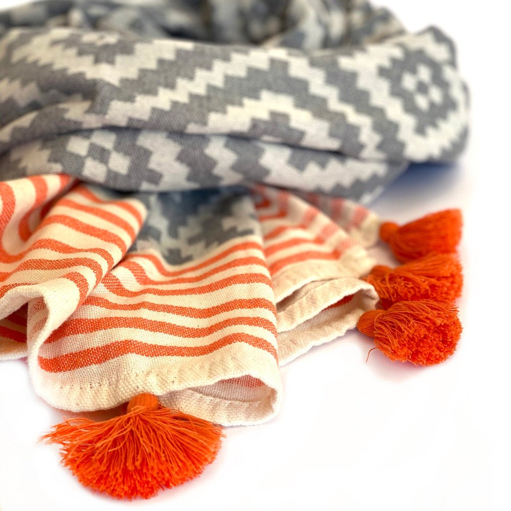 39" X 71" Gray and Orange Cotton Geometric Turkish Towel Throw Blanket with Tassels HomeRoots