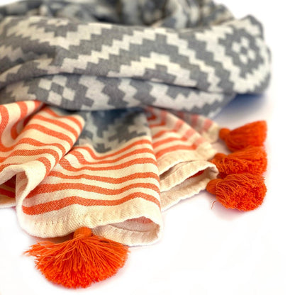 39" X 71" Gray and Orange Cotton Geometric Turkish Towel Throw Blanket with Tassels HomeRoots