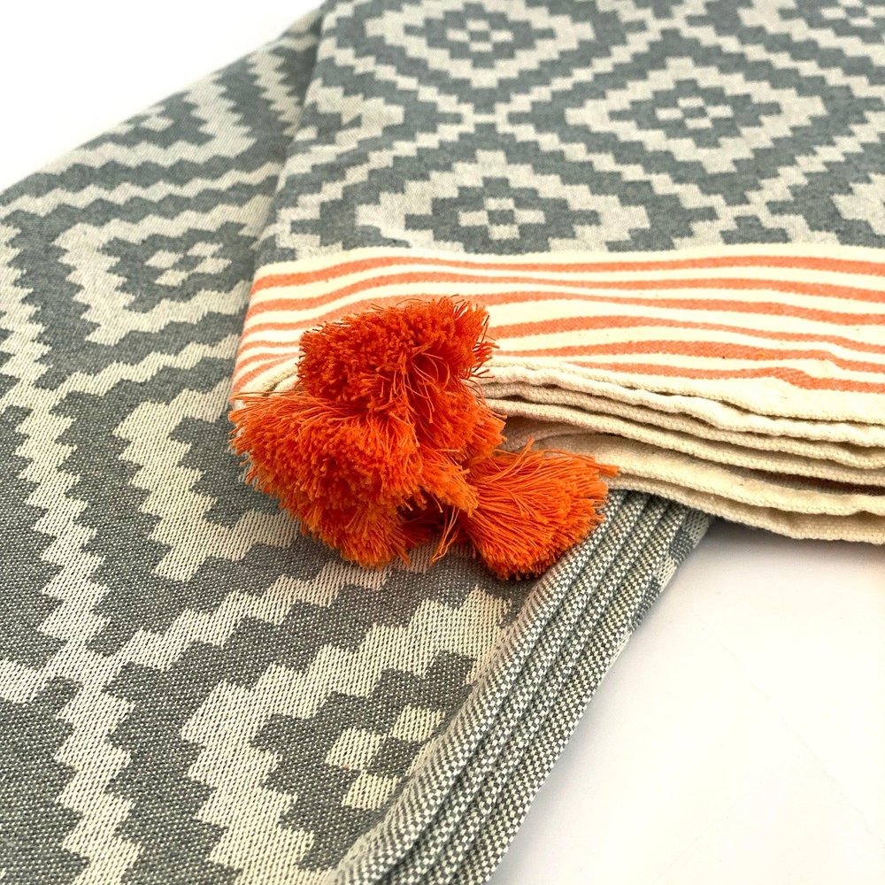 39" X 71" Gray and Orange Cotton Geometric Turkish Towel Throw Blanket with Tassels HomeRoots