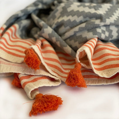 39" X 71" Gray and Orange Cotton Geometric Turkish Towel Throw Blanket with Tassels HomeRoots