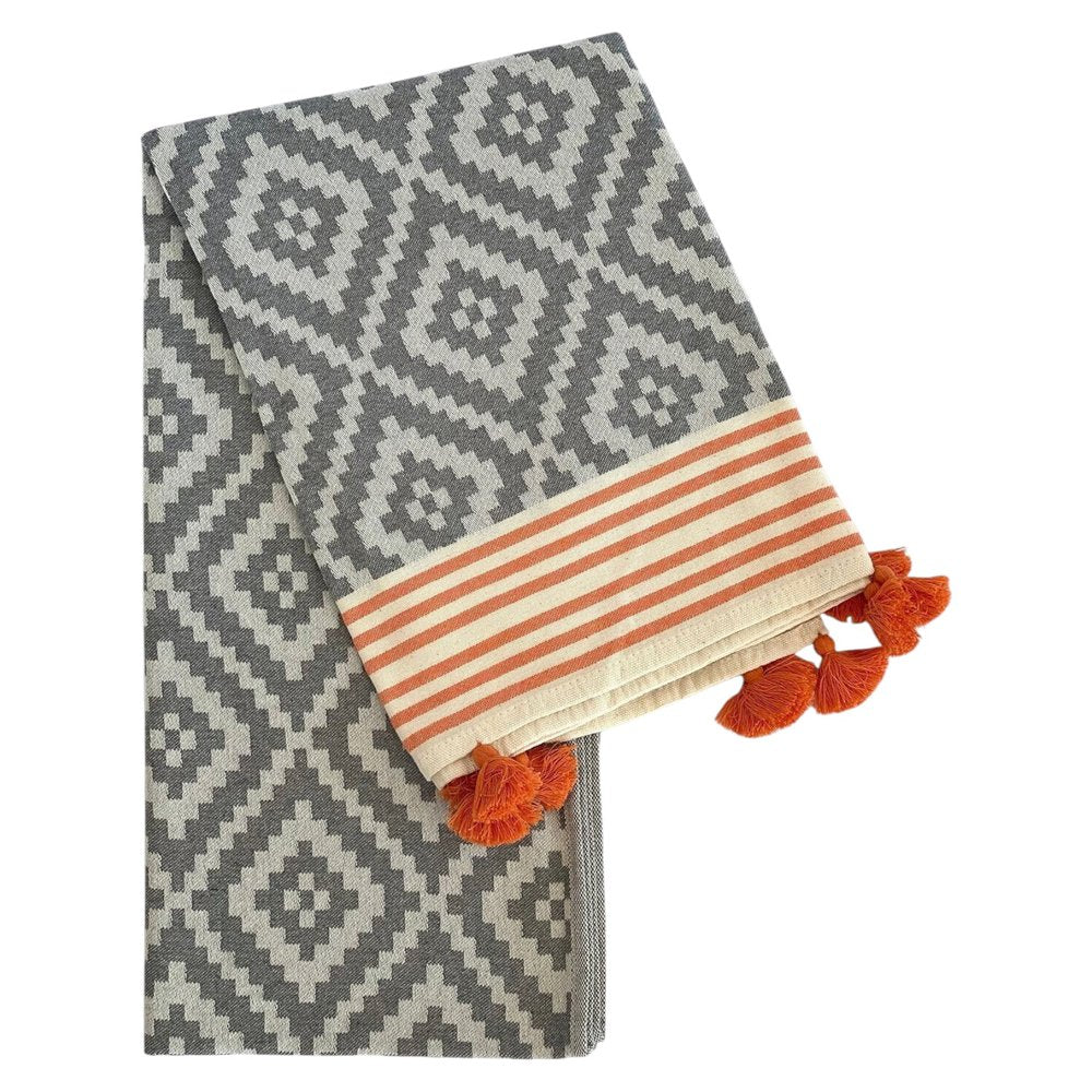 39" X 71" Gray and Orange Cotton Geometric Turkish Towel Throw Blanket with Tassels HomeRoots