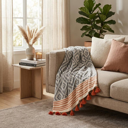 39" X 71" Gray and Orange Cotton Geometric Turkish Towel Throw Blanket with Tassels HomeRoots