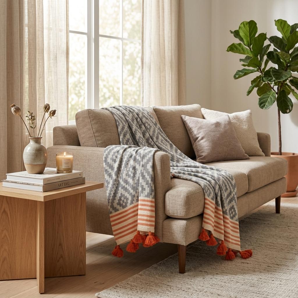 39" X 71" Gray and Orange Cotton Geometric Turkish Towel Throw Blanket with Tassels HomeRoots