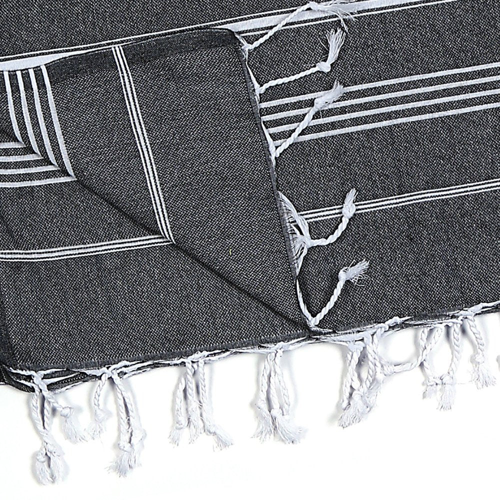 39" X 71" White and Black Cotton Turkish Towel Throw Blanket with Tassels HomeRoots