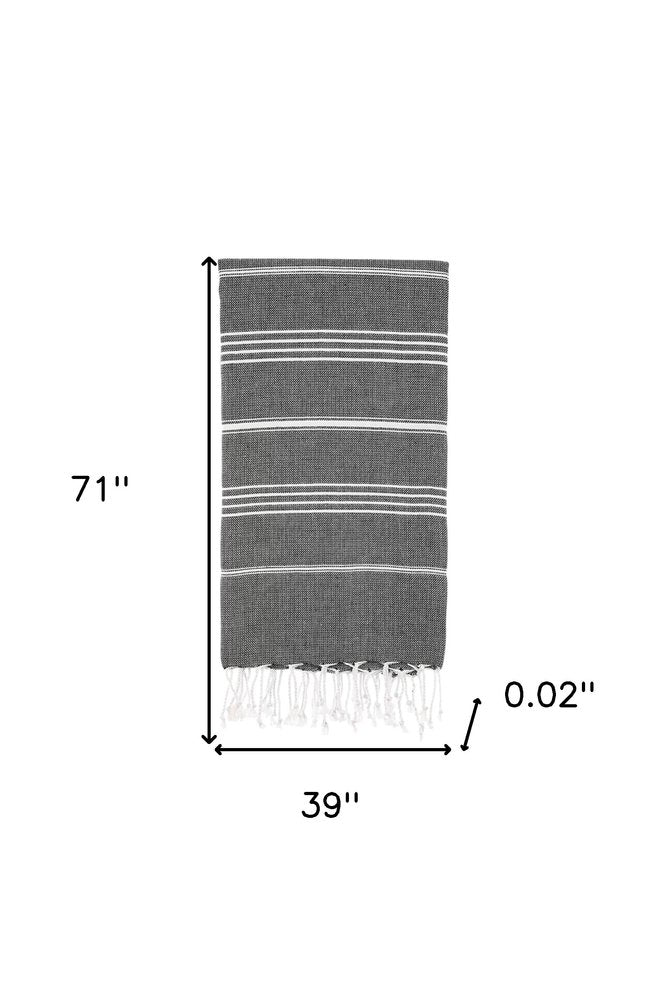 39" X 71" White and Black Cotton Turkish Towel Throw Blanket with Tassels HomeRoots