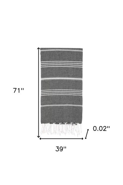 39" X 71" White and Black Cotton Turkish Towel Throw Blanket with Tassels HomeRoots