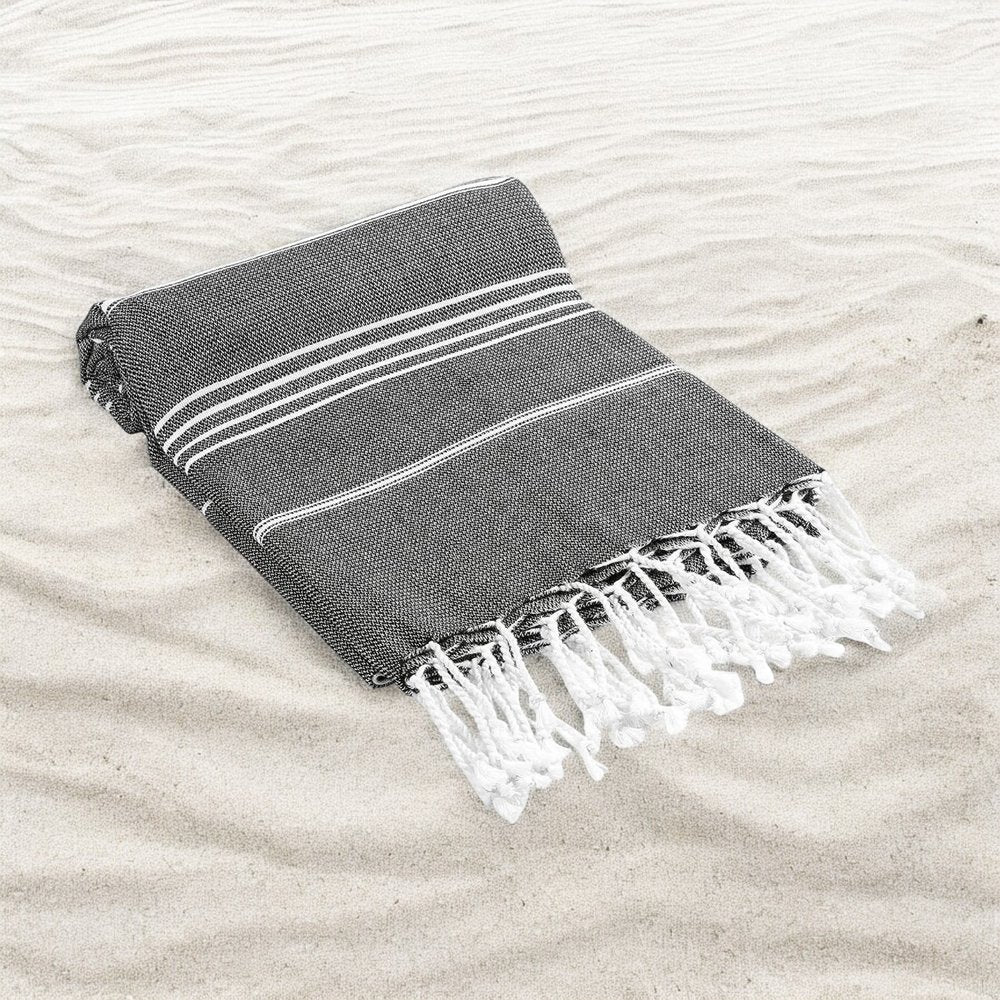 39" X 71" White and Black Cotton Turkish Towel Throw Blanket with Tassels HomeRoots