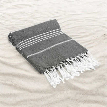 39" X 71" White and Black Cotton Turkish Towel Throw Blanket with Tassels HomeRoots
