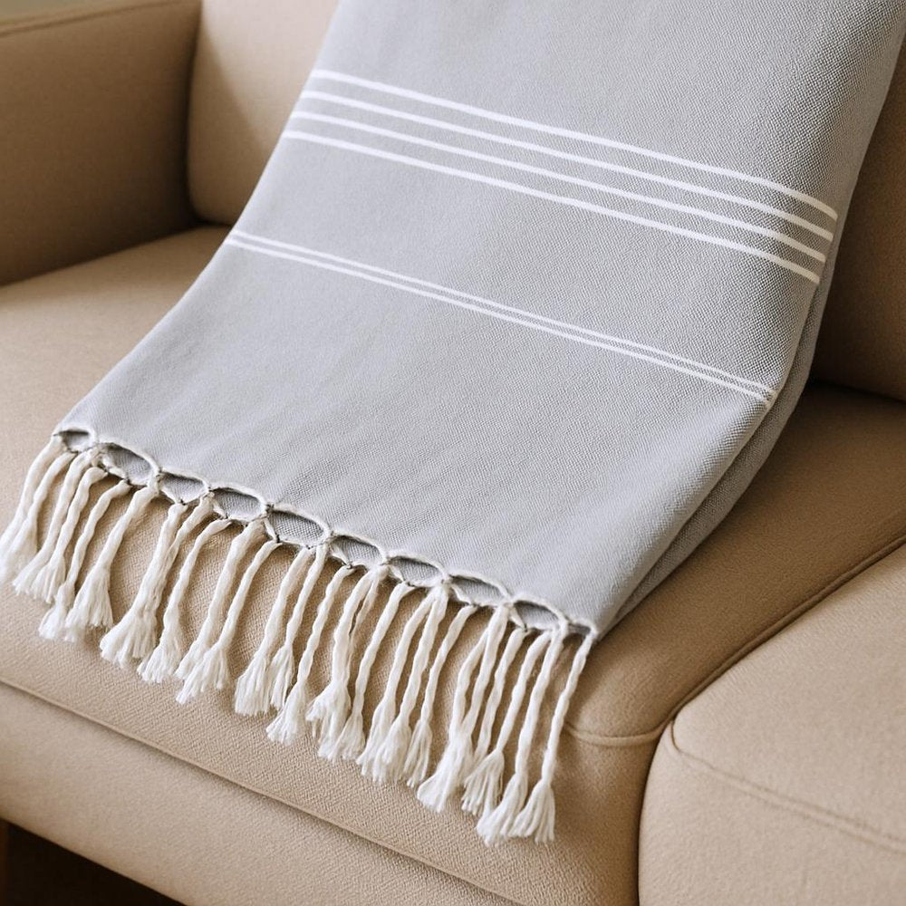 39" X 71" Gray Cotton Knitted Striped Turkish Towel Throw Blanket with Fringe — view 5
