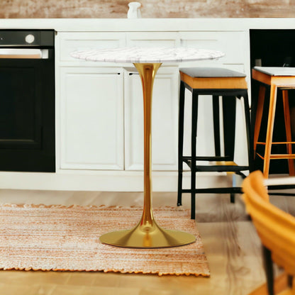 32" White and Gold Rounded Marble and Metal Bar Table - FurniFindUSA