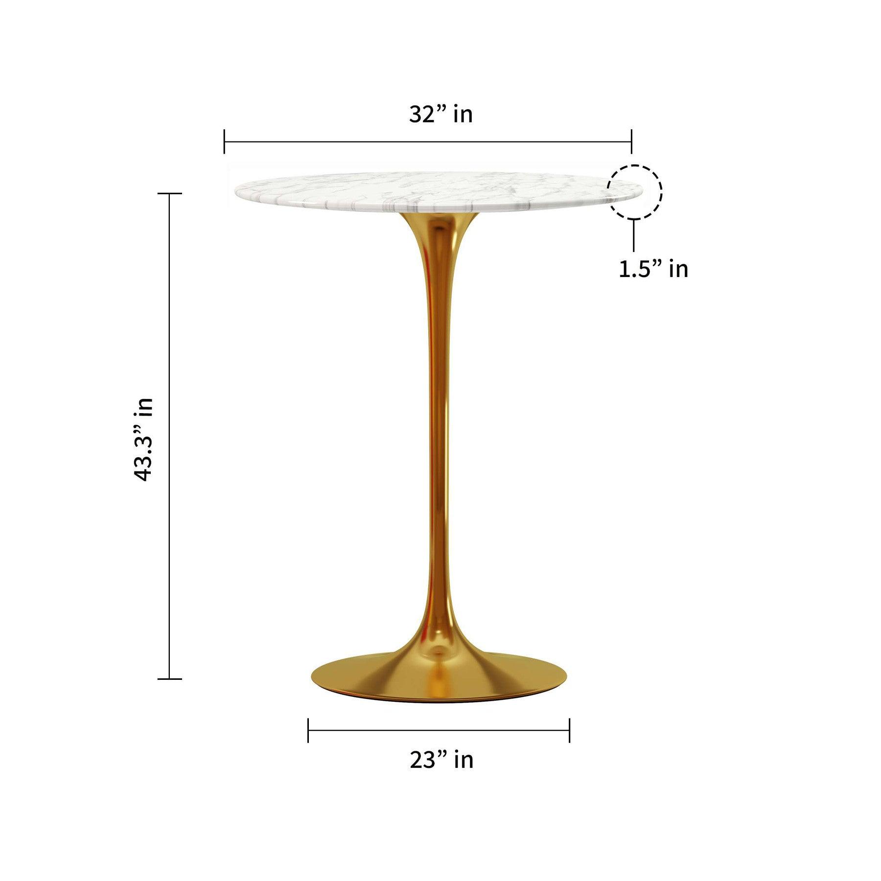 32" White and Gold Rounded Marble and Metal Bar Table - FurniFindUSA