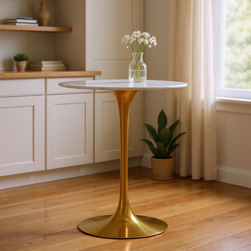 32" White and Gold Rounded Marble and Metal Bar Table HomeRoots