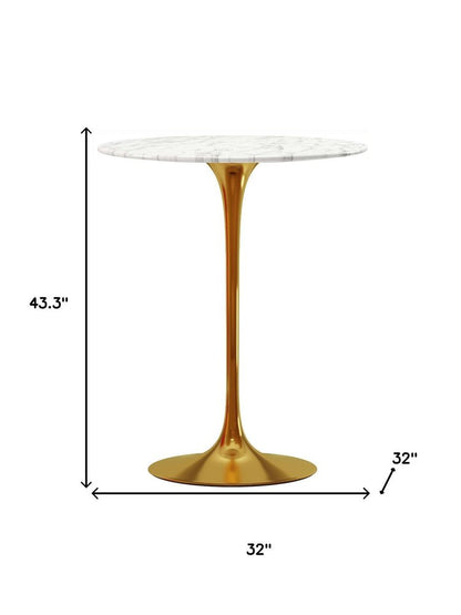 32" White and Gold Rounded Marble and Metal Bar Table HomeRoots