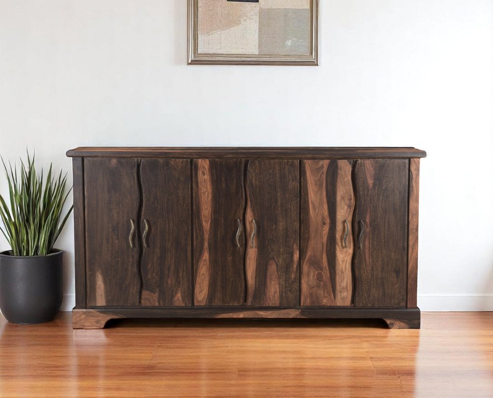 72" Dark Brown Solid Wood Live Edge Sideboard with Six Doors HomeRoots