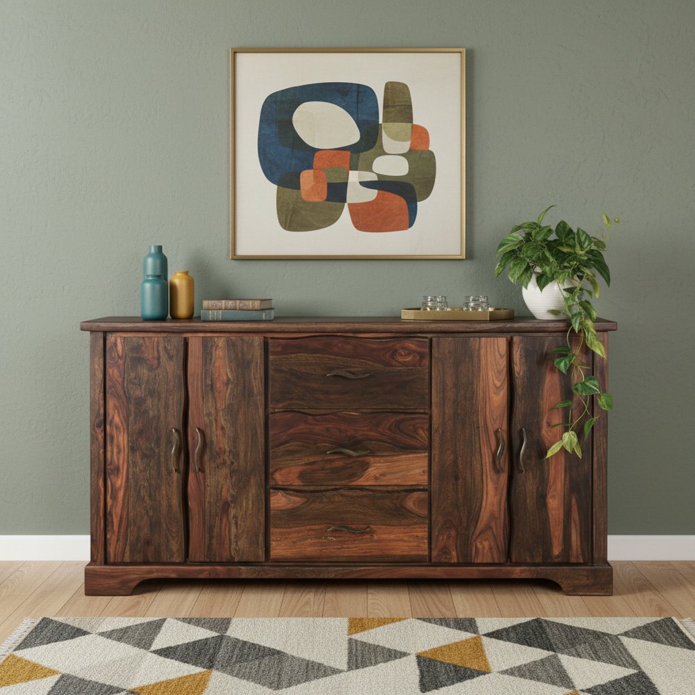 72" Dark Brown Solid Wood Live Edge Three Drawer Sideboard With Four Doors HomeRoots
