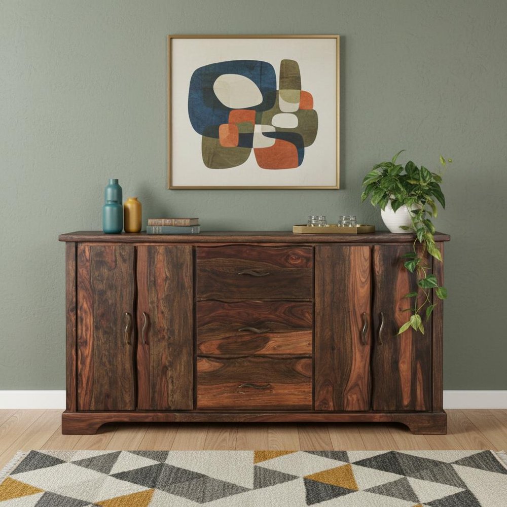 72" Dark Brown Solid Wood Live Edge Three Drawer Sideboard With Four Doors — view 10