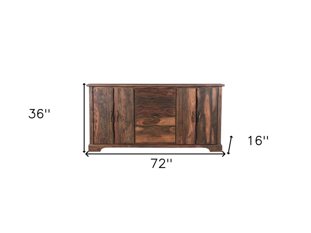 72" Dark Brown Solid Wood Live Edge Three Drawer Sideboard With Four Doors HomeRoots