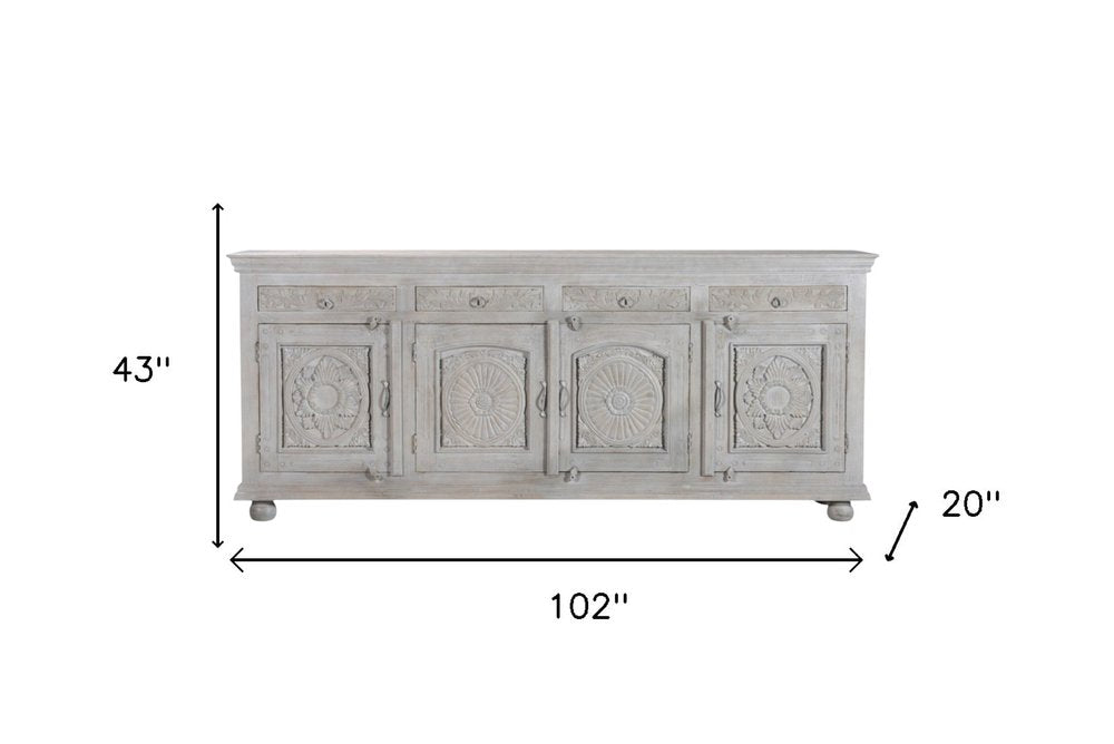 102" Gray Distressed Solid Wood Carved Floral Four Drawer Sideboard With Four Doors HomeRoots