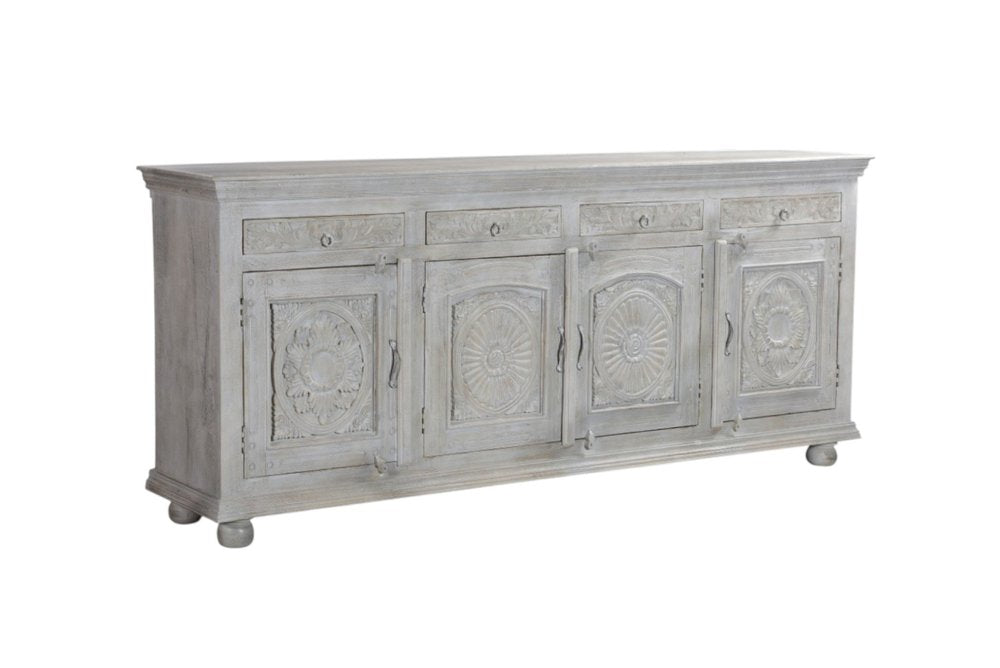102" Gray Distressed Solid Wood Carved Floral Four Drawer Sideboard With Four Doors HomeRoots