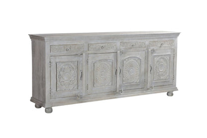 102" Gray Distressed Solid Wood Carved Floral Four Drawer Sideboard With Four Doors HomeRoots