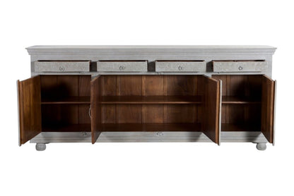 102" Gray Distressed Solid Wood Carved Floral Four Drawer Sideboard With Four Doors HomeRoots