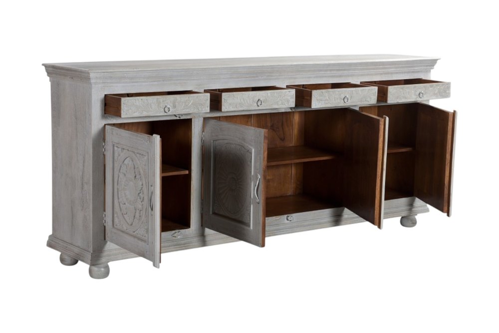 102" Gray Distressed Solid Wood Carved Floral Four Drawer Sideboard With Four Doors HomeRoots