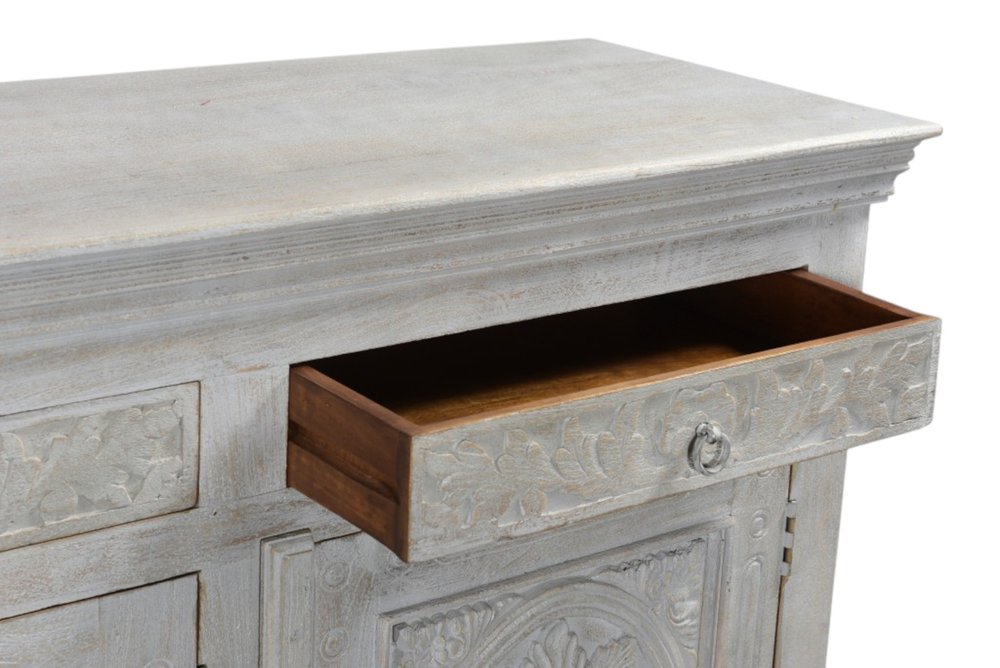 102" Gray Distressed Solid Wood Carved Floral Four Drawer Sideboard With Four Doors HomeRoots