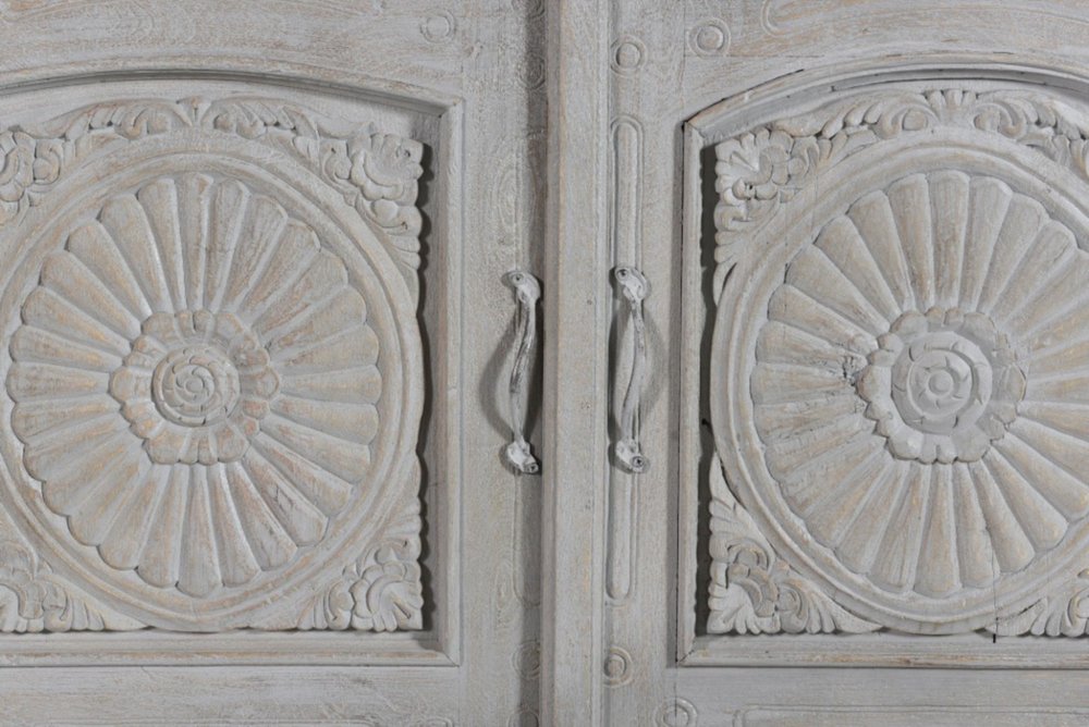 102" Gray Distressed Solid Wood Carved Floral Four Drawer Sideboard With Four Doors HomeRoots