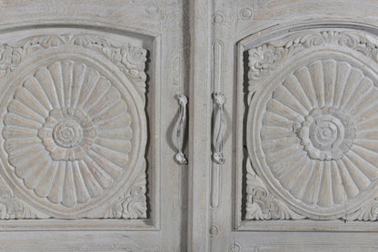 102" Gray Distressed Solid Wood Carved Floral Four Drawer Sideboard With Four Doors HomeRoots