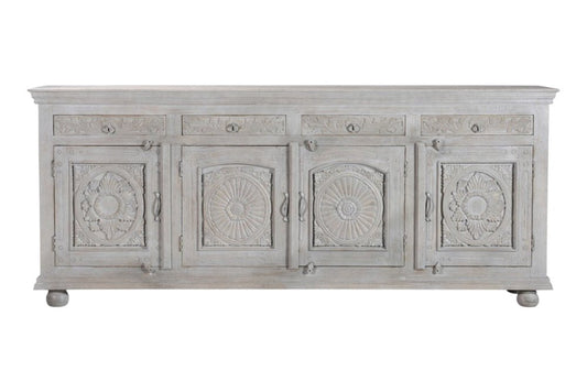 102" Gray Distressed Solid Wood Carved Floral Four Drawer Sideboard With Four Doors