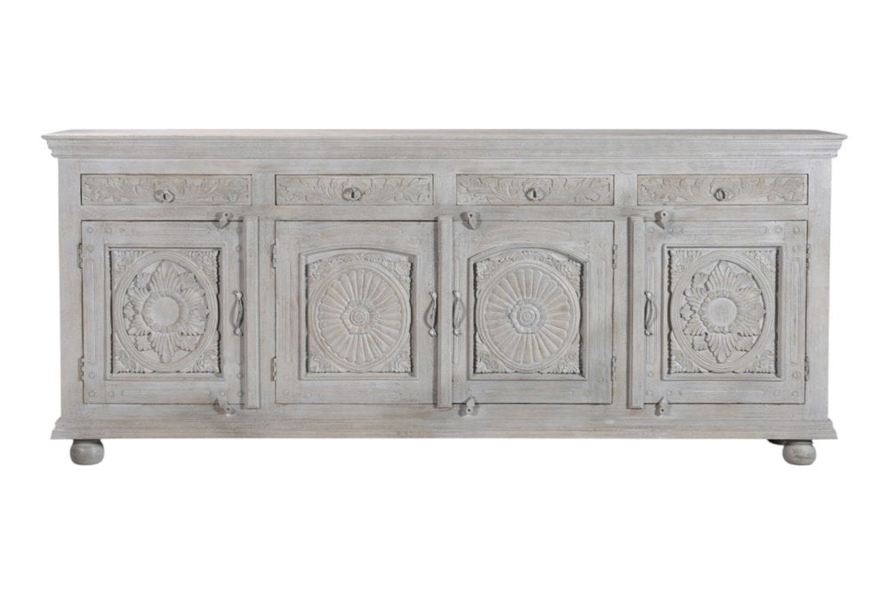 102" Gray Distressed Solid Wood Carved Floral Four Drawer Sideboard With Four Doors HomeRoots