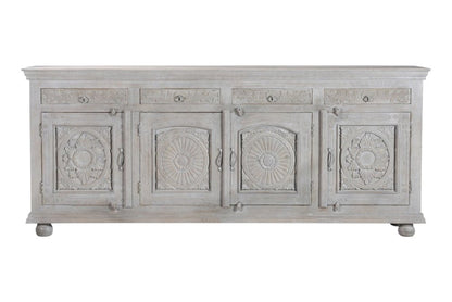 102" Gray Distressed Solid Wood Carved Floral Four Drawer Sideboard With Four Doors HomeRoots