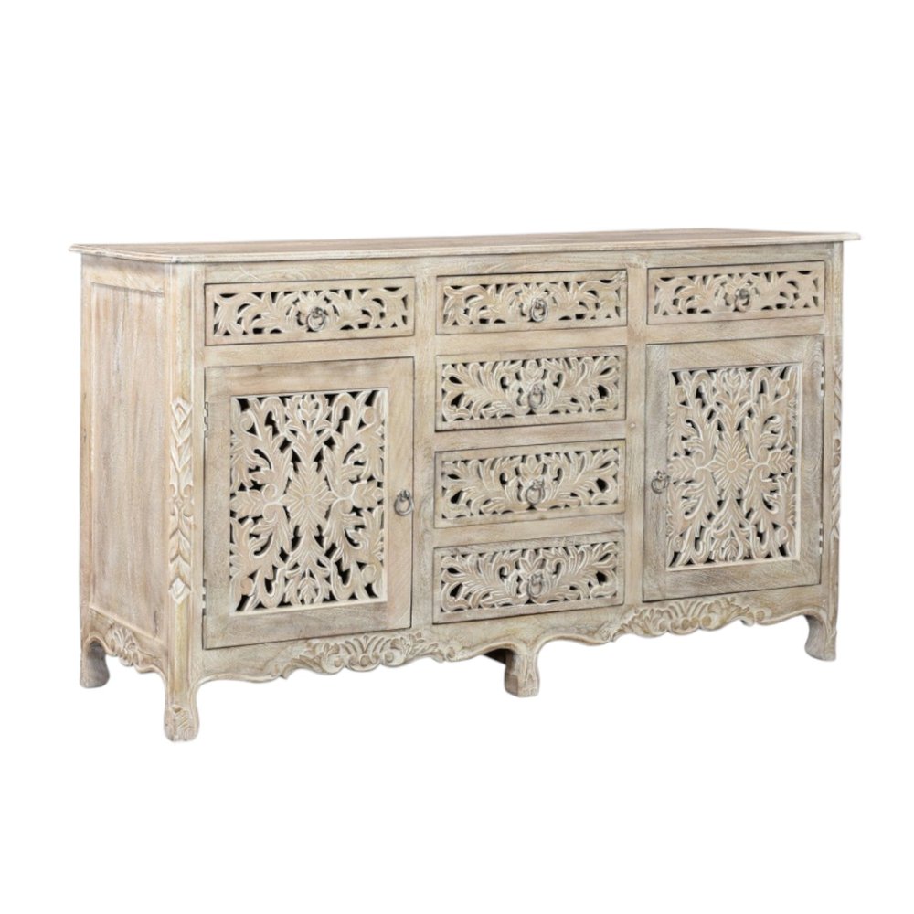 66" White Distressed Solid Wood Carved Floral Six Drawer Sideboard With Two Doors HomeRoots