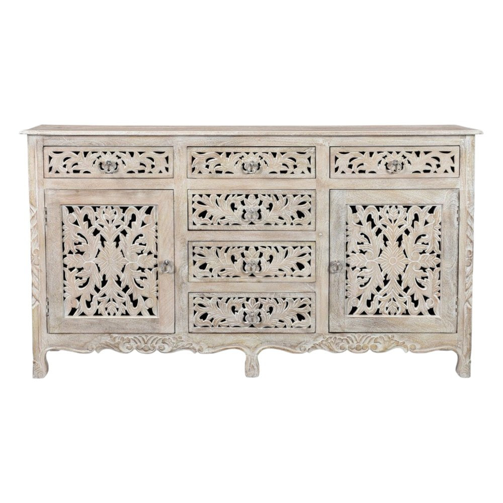 66" White Distressed Solid Wood Carved Floral Six Drawer Sideboard With Two Doors — view 2