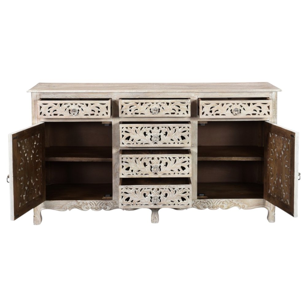 66" White Distressed Solid Wood Carved Floral Six Drawer Sideboard With Two Doors — view 3