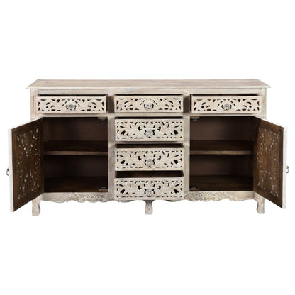 66" White Distressed Solid Wood Carved Floral Six Drawer Sideboard With Two Doors HomeRoots