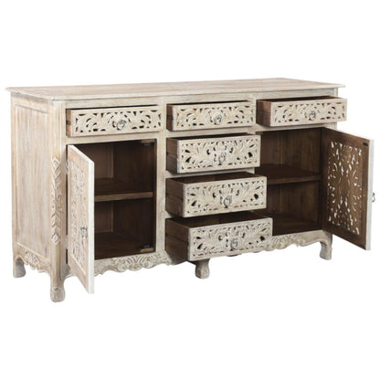 66" White Distressed Solid Wood Carved Floral Six Drawer Sideboard With Two Doors