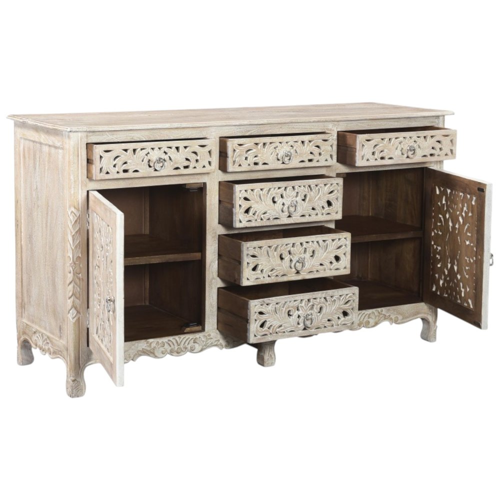 66" White Distressed Solid Wood Carved Floral Six Drawer Sideboard With Two Doors — view 5