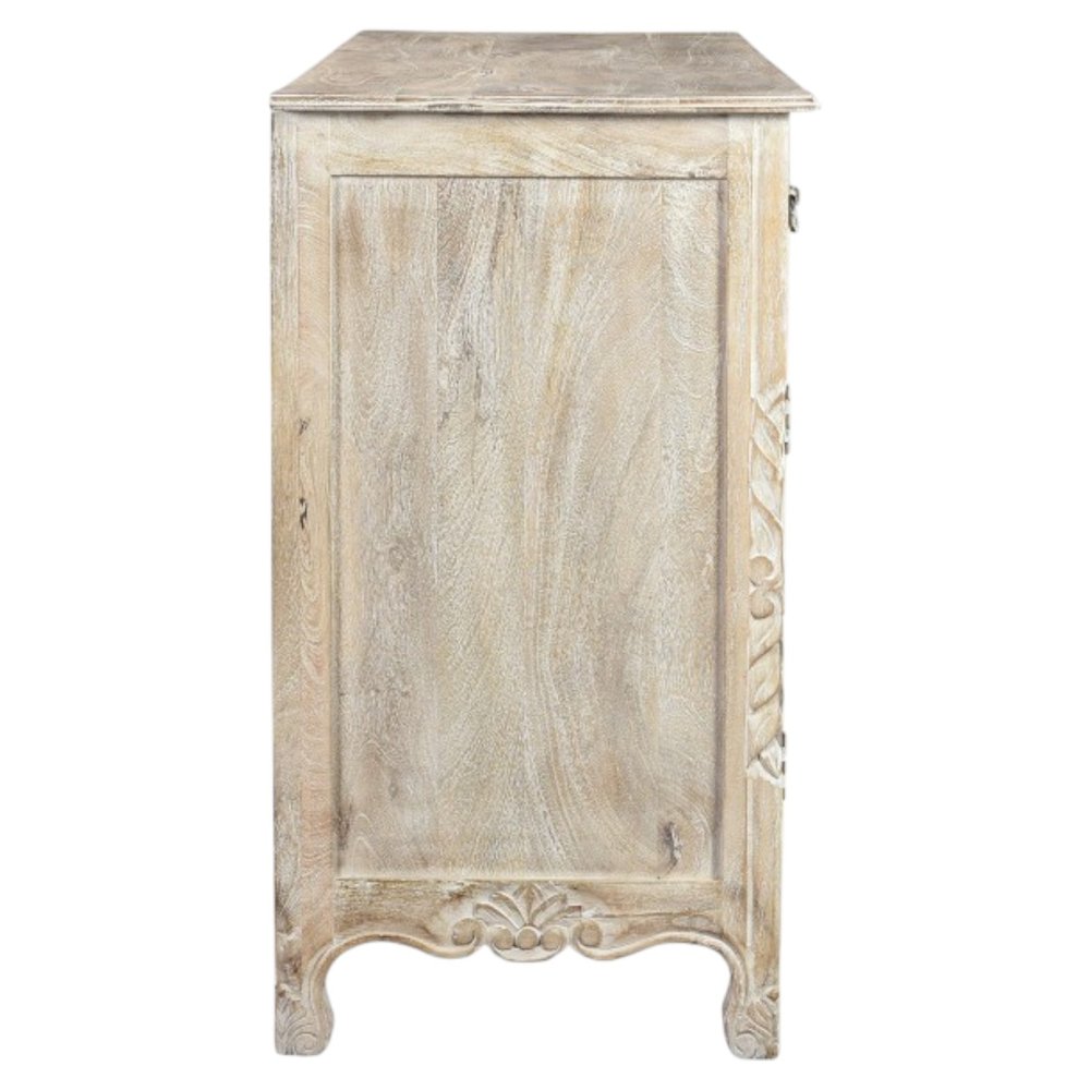 66" White Distressed Solid Wood Carved Floral Six Drawer Sideboard With Two Doors HomeRoots