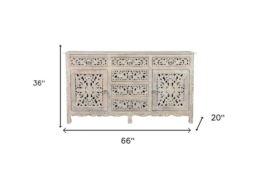 66" White Distressed Solid Wood Carved Floral Six Drawer Sideboard With Two Doors HomeRoots