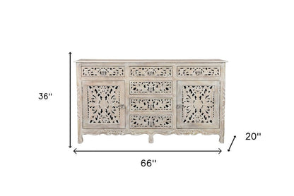 66" White Distressed Solid Wood Carved Floral Six Drawer Sideboard With Two Doors