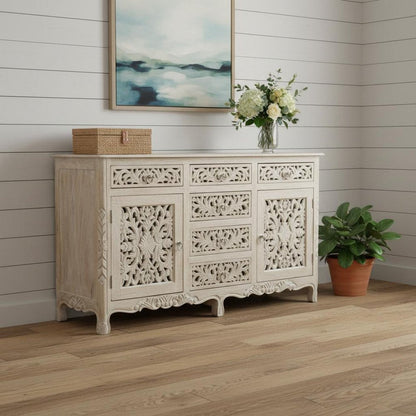 66" White Distressed Solid Wood Carved Floral Six Drawer Sideboard With Two Doors HomeRoots