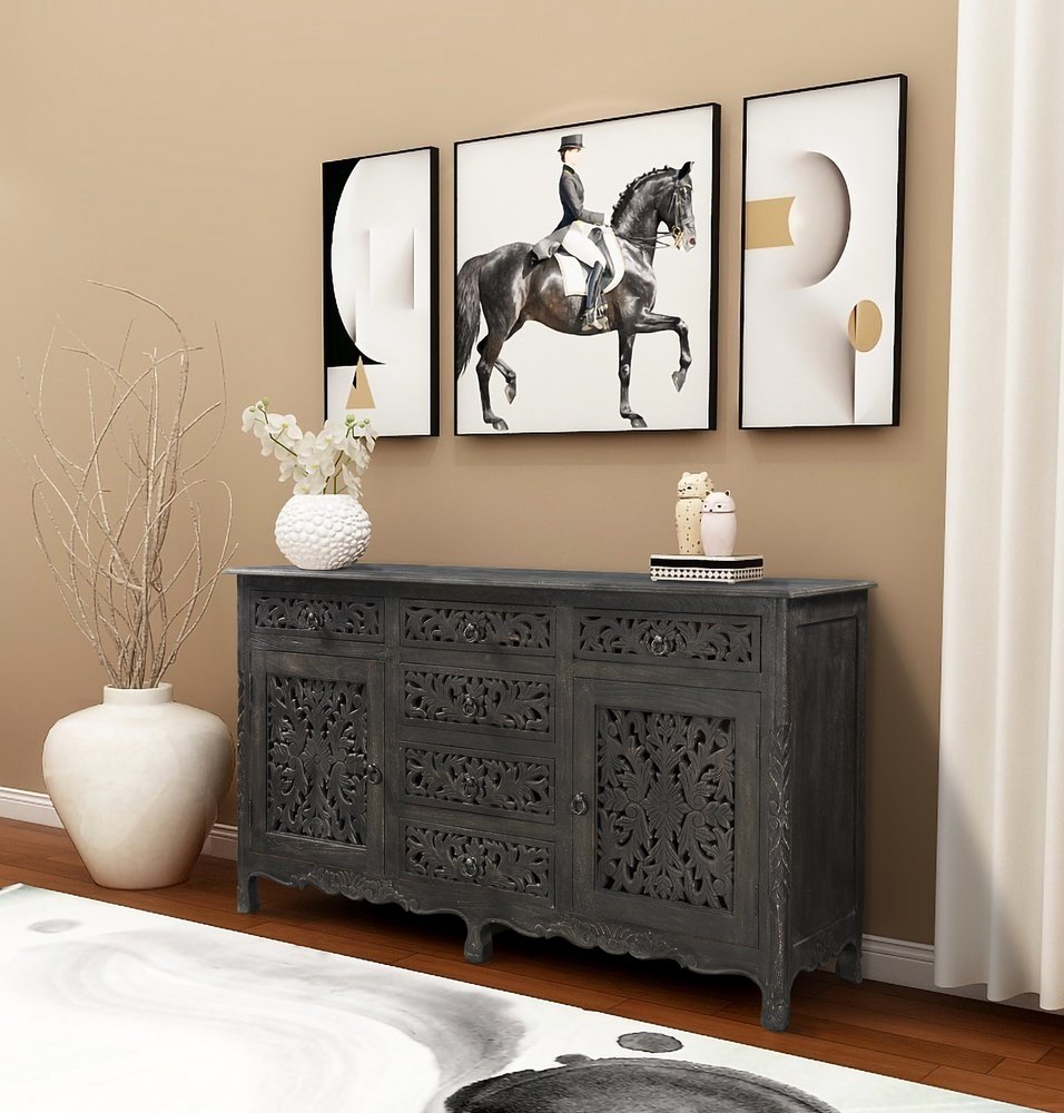 66" Black Distressed Solid Wood Carved Floral Six Drawer Sideboard With Two Doors HomeRoots