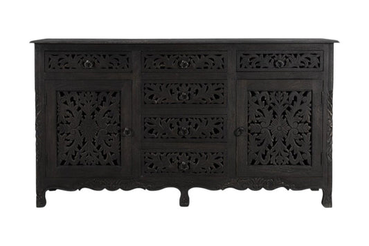 66" Black Distressed Solid Wood Carved Floral Six Drawer Sideboard With Two Doors HomeRoots