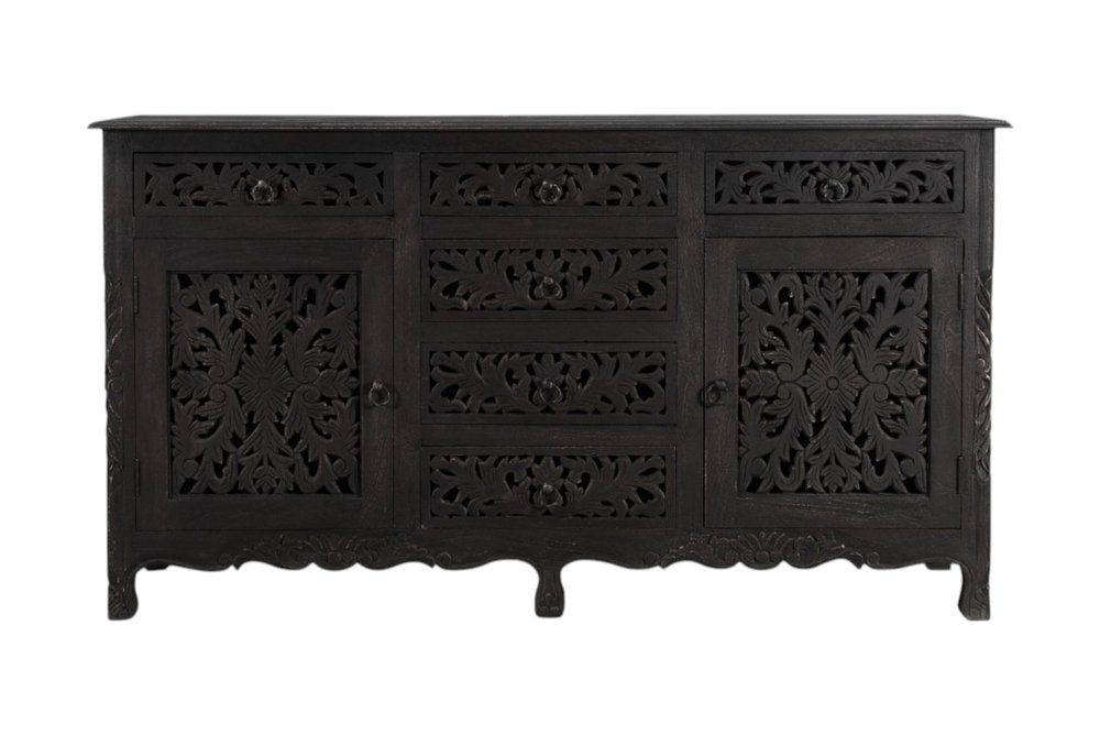66" Black Distressed Solid Wood Carved Floral Six Drawer Sideboard With Two Doors HomeRoots