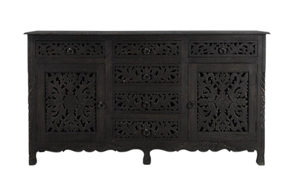 66" Black Distressed Solid Wood Carved Floral Six Drawer Sideboard With Two Doors HomeRoots