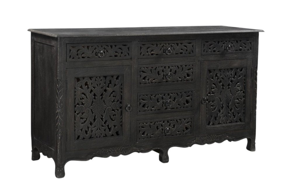 66" Black Distressed Solid Wood Carved Floral Six Drawer Sideboard With Two Doors HomeRoots